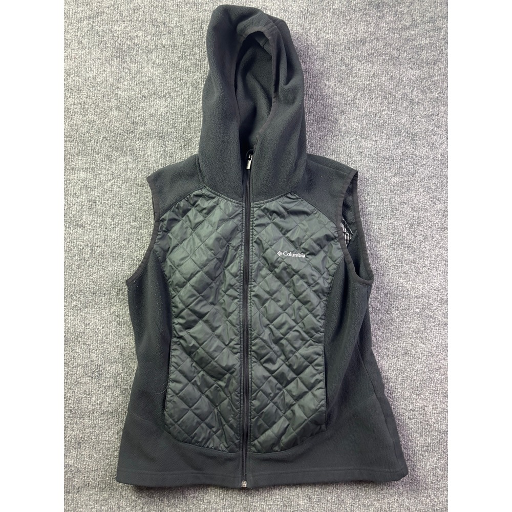 Columbia Quilted Fleece Hooded Vest Womens Large Black Omni-Heat Full Zip Active